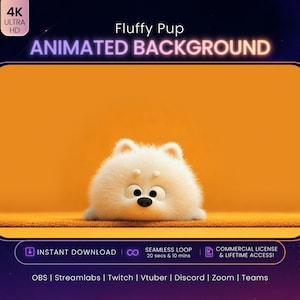 Op de afbeelding: Een digitale afbeelding met een pluizige witte puppy met grote ogen die op een oranje oppervlak rust. De tekst luidt Fluffy Pup ANIMATED BACKGROUND, 4K ULTRA HD, INSTANT DOWNLOAD, SEAMLESS LOOP en noemt platforms zoals OBS, Twitch en Discord.
