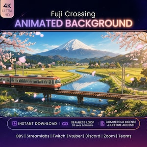 Puede incluir: Un fondo animado titulado Fuji Crossing que muestra un tren rojo y blanco cruzando un puente sobre un río con el monte Fuji, cerezos en flor y campos verdes. El texto incluye 4K ULTRA HD, INSTANT DOWNLOAD y SEAMLESS LOOP.