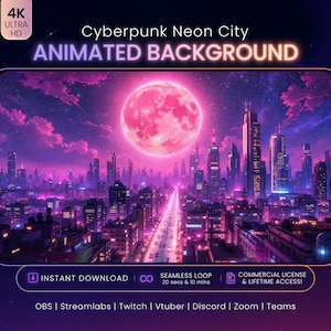 May include: A digital animated background featuring a cyberpunk neon city skyline under a large glowing pink moon. The scene includes skyscrapers, a central road, and purple clouds. Text includes 4K ULTRA HD, CYBERPUNK NEON CITY ANIMATED BACKGROUND, INSTANT DOWNLOAD, SEAMLESS LOOP, and COMMERCIAL LICENSE.