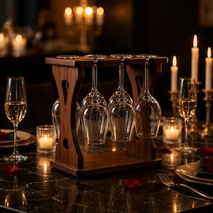 May include: A dark brown wooden wine glass rack designed to hold four stemmed glasses upside down. The rack features a rectangular base and top connected by two vertical supports with cutout details, showcasing a natural wood grain finish.