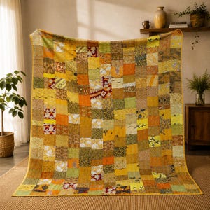 Può includere: Una trapunta patchwork rettangolare caratterizzata da una griglia di vari quadrati di tessuto nelle tonalità del giallo, arancione, verde oliva e marrone. La trapunta mostra una vasta gamma di motivi stampati, inclusi disegni floreali e geometrici.