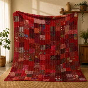 May include: A large rectangular quilt featuring a patchwork design composed of numerous fabric squares in various shades of red. The textile displays a mix of solid colors, floral patterns, geometric shapes, and intricate stitching throughout the surface.