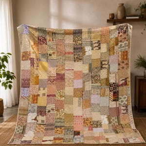 May include: A large rectangular quilt constructed from numerous vertical strips of fabric featuring a diverse array of patterns and colours including muted yellows, pinks, purples, and browns, all joined together with visible running stitch quilting.