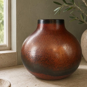 Könnte beinhalten: Eine runde, bauchige Vase mit strukturierter Oberfläche in den Farben tiefes Kupfer, gebranntes Orange und Dunkelbraun. Das Gefäß hat einen breiten, abgerundeten Körper, der sich zu einem glatten, dunkel gefärbten Rand hin verjüngt.