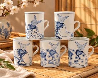 Vintage Blue and White Rabbit Porcelain Mugs, Set of 5, Japanese Style Tea Cups