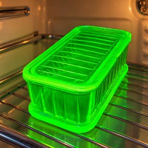 Puede incluir: Un recipiente rectangular de vidrio verde neón translúcido con tapa a juego, que presenta un patrón de rayas verticales acanaladas en los lados y una serie de crestas horizontales en la superficie superior de la tapa, brillando con un tono fluorescente.