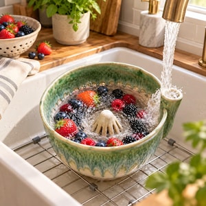 Tigela artesanal de cerâmica com formato de vórtice para lavar frutas vermelhas e entrada lateral de água | Escorredor para enxaguar frutas, lavador de produtos agrícolas, presente exclusivo para inauguração de casa e cozinha