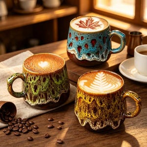 May include: Three ceramic mugs with reactive glaze finishes in blue, green, and yellow, each featuring a unique drip pattern. The mugs are filled with coffee topped with latte art, including a maple leaf, a heart, and a fern design, with coffee beans.