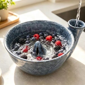 Może przedstawiać: Niebieska, nakrapiana ceramiczna miska z centralnym stożkiem odpływowym i bocznym lejkiem. Miska jest wypełniona wodą i świeżymi jagodami, w tym malinami i jeżynami, podczas gdy strumień wody wlewa się do bocznego lejka.