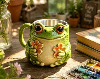 Könnte beinhalten: Ein Keramikbecher in Form eines grünen Frosches mit großen, orange umrandeten Augen, der zwei orangefarbene Blumen hält. Der Becher hat eine strukturierte, noppige Oberfläche, einen cremefarbenen Bauch und eine metallische Innenauskleidung.