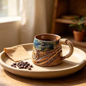 May include: A ceramic mug with a blue and brown glazed finish, featuring a spiral design and a handle wrapped in thick tan rope. The mug sits on a large, round, light-coloured ceramic plate alongside a small pile of dark roasted coffee beans.