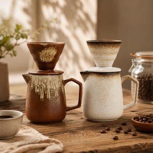 May include: Two ceramic coffee pour-over sets with matching carafes and drippers. The left set features a dark brown base with a cream-colored drip glaze. The right set is primarily off-white with a dark brown rim and base accents.