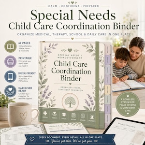 Op de afbeelding: Een coördinatiemap voor kinderopvang met speciale behoeften, met een crèmekleurige kaft, lavendelillustraties, een centraal boomicoon en de tekst "Organized Today, Confident Tomorrow". De map bevat tabbladen voor medische zaken, therapie, school, dagelijkse zorg, routines, sensoriek en noodgevallen, naast geprinte pagina's en een tablet.