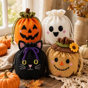 May include: Four crochet drawstring bags featuring Halloween themes: an orange pumpkin with a jack-o'-lantern face, a white ghost with a smiling face, a black cat with yellow eyes and purple ties, and a tan scarecrow with a sunflower on its hat.