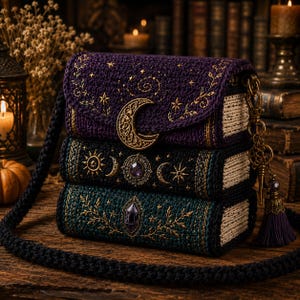 May include: A stack of three rectangular crochet bags designed to resemble vintage books. The top bag is purple with a gold crescent moon, the middle is black with sun and moon motifs, and the bottom is dark green with a central crystal accent.