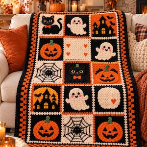 Può includere: Una coperta rettangolare all'uncinetto con una griglia di quadrati a tema Halloween in nero, arancione e crema. Il design include motivi di gatti neri, fantasmi bianchi, zucche, ragnatele e case infestate con un bordo a scacchi.