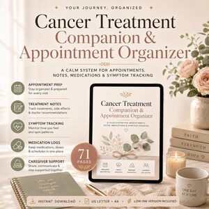 Planificador de tratamiento oncológico para pacientes y cuidadores, organizador de citas imprimible de 71 páginas, seguimiento de síntomas y medicamentos.
