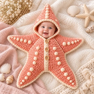 May include: A coral-colored, star-shaped crochet baby bunting with a hood. The garment features a cream-colored border, three wooden buttons down the center front, and small, raised cream-colored bobble accents along the five points of the star.