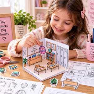 May include: A paper craft classroom diorama kit featuring a foldable 3D scene with desks, a bookshelf, lockers, and a whiteboard with the text Small Steps Big Dreams. Includes cut-out accessories like a globe, books, and a pink backpack.