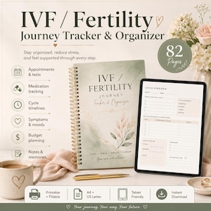 May include: An IVF and fertility journey tracker and organizer with 82 pages, featuring a spiral-bound notebook with a green watercolor cover, a tablet displaying a cycle overview page, a gold pen, and a ceramic mug with a heart icon.
