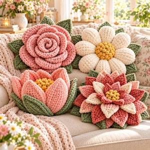 May include: Four decorative crochet pillows shaped like flowers. One is a pink rose, one is a white daisy with a yellow center, one is a pink lotus with a yellow center, and one is a multi-layered pink and cream flower with a yellow center.