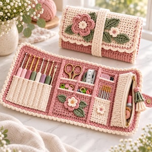 Puede incluir: Un estuche organizador de ganchillo en color rosa empolvado y crema con aplicaciones florales, que contiene varios ganchillos, tijeras doradas, una cinta métrica, marcadores de puntos y agujas, con un bolsillo con cremallera y un estuche plegado.