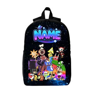 May include: A black backpack featuring a space-themed background with stars and a planet. The word NAME is printed in a blue and purple gradient font at the top. Below the text is a collection of various colourful cartoon characters and creatures.
