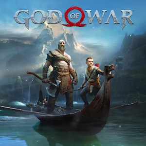 Puede incluir: Una ilustración digital con el título God of War en texto plateado y rojo sobre un hombre barbudo y un niño de pie en un bote de madera en un lago tranquilo, rodeados de montañas brumosas, cascadas y un paisaje vasto y escarpado.