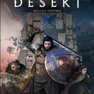 May include: The Crimson Desert Deluxe Edition video game cover art features a central warrior holding a sword and shield, flanked by a fur-clad companion and a cloaked figure. The background displays floating stone structures and a flying creature.