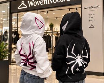 Spider Web Zip-Up Hoodie, Matching Couple Streetwear, Black White Cosplay Jacket