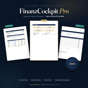 Könnte beinhalten: Ein digitales Finanzplanungstool namens FinanzCockpit Pro für 2026 mit drei weißen Tabellenkalkulations-Ansichten, beschriftet als Budgetplaner, Dashboard und Schuldenabbau. Der dunkelblaue Hintergrund enthält Hinweise auf 11 Excel-Tabs, Sofort-Download, deutsche Sprache und automatische Berechnungen.