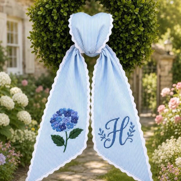 Gepersonaliseerde hortensiakrans als strik, geborduurde strik voor de voordeur, gepersonaliseerde decoratie voor een housewarming, huwelijksgeschenk, cadeau voor een makelaar bij de afsluiting van een transactie, veranda decoratie**