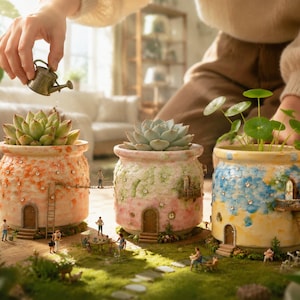 Op de afbeelding: Drie keramische plantenbakken in de vorm van miniatuurhuisjes, elk met een unieke textuurafwerking in oranje, roze of blauw en geel. Elke pot bevat een kleine groene plant en is voorzien van kleine ladders, deurtjes en balkons.