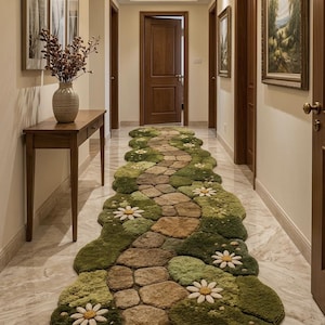 May include: A long, irregular runner rug featuring a central path of brown and tan stones surrounded by textured green moss-like patches and white daisy flowers. The rug is placed on a polished marble floor in a hallway with wooden furniture.