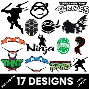 Op de afbeelding: Een collectie van 17 Teenage Mutant Ninja Turtles grafische ontwerpen met zwarte silhouetten van personages, oranje en blauwe schildpadmaskers, groene schildpadschilden, het woord Ninja en het Teenage Mutant Ninja Turtles logo.