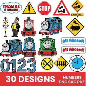 May include: A collection of Thomas & Friends digital graphics featuring the blue engine Thomas, the green engine Percy, Sir Topham Hatt, various railway warning signs, a clock, the numbers 0, 1, 2, 3, and text labels reading All Aboard!