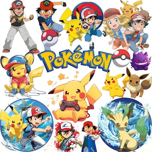 May include: A collection of colorful Pokémon character illustrations featuring Ash Ketchum, Pikachu, Eevee, and Leafeon in various poses, including Pikachu wearing headphones and playing a video game, alongside the yellow Pokémon logo text.