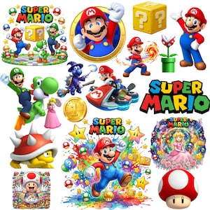 Puede incluir: Una colección de pegatinas de Super Mario con Mario, Luigi, la Princesa Peach, Toad y Yoshi en varias poses, incluyendo a Mario conduciendo un kart, sosteniendo fuego y saltando, junto a iconos del juego como bloques, monedas y setas.