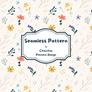 Peut inclure: Un motif répétitif composé de petites fleurs orange, jaunes, bleu clair et violettes avec des tiges et des feuilles vertes sur un fond crème. Un cadre rectangulaire bleu foncé au centre contient le texte Seamless Pattern by Chouchou Pattern Design.