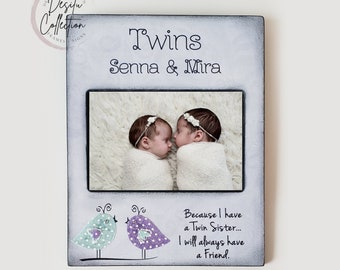 Twins Picture Frame,  Personalized Sisters Photo Frame, Custom Birds Purple and Turquoise Colors, Twins Personalized Names Frame, Baby Gift