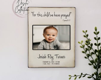 For this child we have prayed, Picture Frame, New Baby Gifts, Birds, Baby Shower and Birth Stats -Bird Bible Verse Samuel 1:27 christian