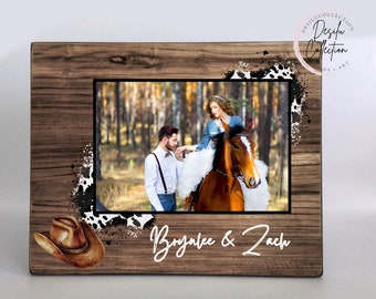 Wedding Gift Photo Frame Cowboy hat with cow print rustic wood picture frame, newlyweds gift, anniversary gift, wedding anniversary frame