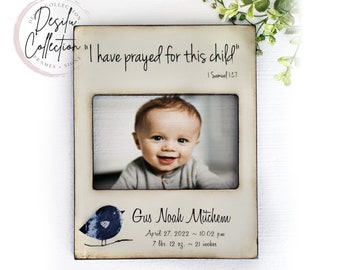 I have prayed for this child, Picture Frame, New Baby Gifts, Birds, Baby Shower and Birth Stats -Bird Bible Verse Samuel 1:27 christian