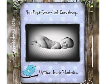 New baby, New Mom, Baby Shower Gifts, Personalized baby Photo Frame, Personalized with Name and Birth Stats , Bird, Your first breath, 5x7