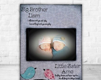 Big Sis & Lil Bro Picture Frame Modern Grey and Birdies Personalized Gift Keepsake Children Nursery Baby Brother Sister---