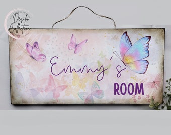 Girls Personalized Butterfly Bedroom Wood Sign, Pink Dreamy Butterlies Hanging Sign, Girls Name Door Hanging Sign, Room Sign Butterfly Decor