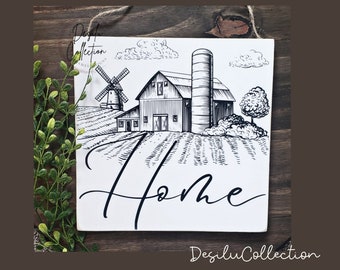 Farm Home Sign, Farm Cow Sign, Farmhouse Country Barn Cattle, Home Decor, Hanging Sign, Sketch Drawing Wood Sign