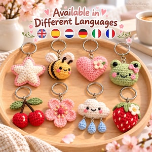 8-in-1 Crochet Keychain Pattern Bundle, Kawaii Frog, Bee, Strawberry, Cherry and Flower Designs, English PDF for Bag Charms