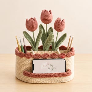 Tulip Desk Organizer Crochet Pattern PDF, Phone Pocket and Hook Holder