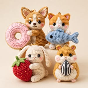May include: Four small crocheted amigurumi keychains featuring a tan corgi holding a pink donut, an orange and white cat holding a blue fish, a white rabbit holding a red strawberry, and a tan hamster holding a black and white sunflower seed.